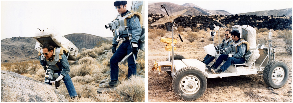 Left: Apollo 16 astronauts Charles M. Duke, left, and John W. Young examine a rock outcrop during the November 1971 geology field trip to the Coso Hills in California. Right: Duke, left, and Young ride in the GROVER, a ground-based trainer for the Lunar Roving Vehicle, in the Coso Hills. Credits: NASA