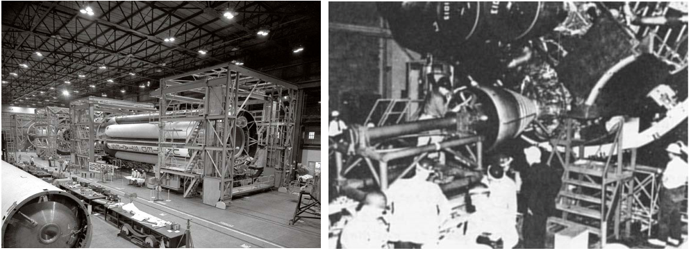 Left: The first Saturn C-I rocket’s booster stage during structural fabrication at NASA’s Marshall Space Flight Center in Huntsville, Alabama, in 1960. Right: Workers install an H-1 engine onto the first Saturn C-I booster at Marshall in 1960. Credits: NASA