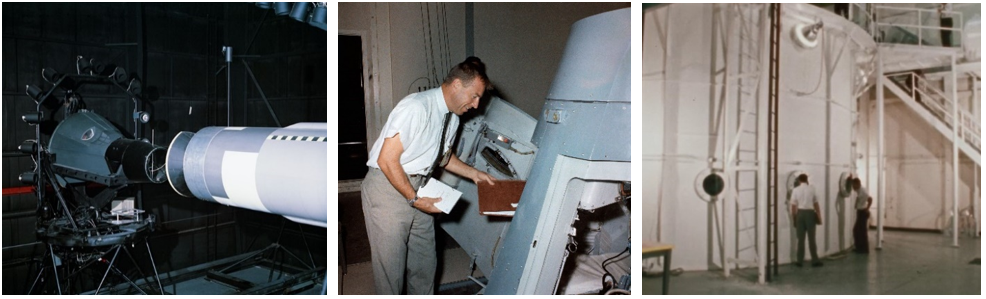 Left: The Gemini Translation and Docking Simulator shown in Building 5 in March 1965. Middle: Astronaut James A. Lovell about to enter the Gemini Mission Simulator in September 1966. Right: The Water Immersion Facility in Building 5 in June 1967. Credits: NASA