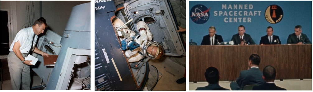 Left: Gemini XII astronaut James A. Lovell prepares to climb aboard the Gemini Mission Simulator at the Manned Spacecraft Center in Houston, now NASA’s Johnson Space Center. Middle: Gemini XII astronaut Edwin E. “Buzz” Aldrin during his spacewalk training in a zero-g aircraft. Right: Aldrin, left, Lovell, and backup crew members L. Gordon Cooper and Eugene A. Cernan answer reporters’ questions during their pre-flight press conference. Credits: NASA