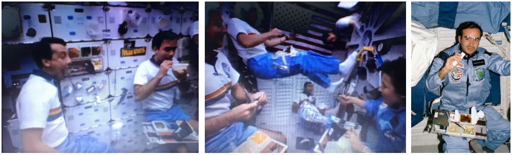 Thanksgiving 1985. Left: STS-61B payload specialists Charles D. Walker, left, and Rodolfo Neri Vela of Mexico enjoy the first Thanksgiving aboard a space shuttle in Atlantis’ middeck. Middle: The STS-61B crew enjoying their Thanksgiving dinner while floating in Atlantis’ middeck. Right: Mexican payload specialist Neri Vela, who introduced tortillas to space menus. Credits: NASA