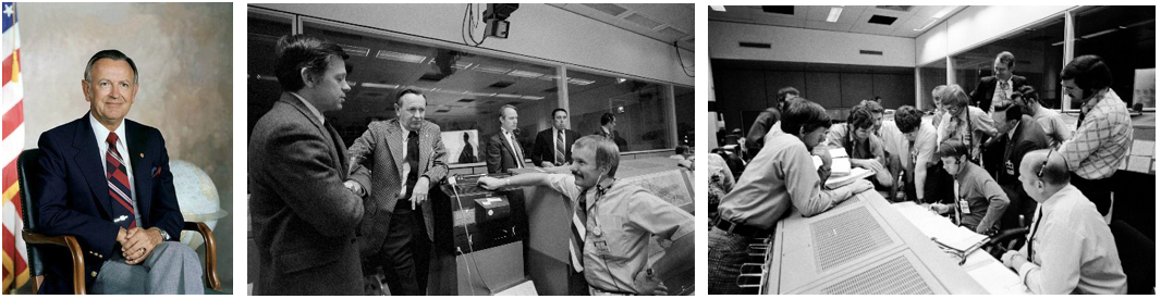 Left: Official portrait of Christopher C. Kraft, the second director of the Manned Spacecraft Center in Houston, now NASA’s Johnson Space Center. Middle: In December 1972, in MSC’s Mission Control Center, Kraft, second from left, confers with Flight Directors M.P. “Pete” Frank, left, and Gerald R. Griffin, who would succeed Kraft as center director, during the Apollo 17 launch delay, as Kraft’s technical assistant and future center director George W.S. Abbey, at rear right, looks on. Right: In the MCC in May 1973, Kraft, fourth from right, huddles with flight directors and managers shortly after the Skylab space station suffered damage during its launch. Credits: NASA