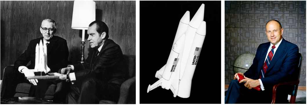 Left: NASA Administrator James C. Fletcher, left, and President Richard M. Nixon announce the approval to proceed with space shuttle development. Middle: Model of the space shuttle that Administrator Fletcher and President Nixon are holding. Right: Robert F. Thompson served as the first space shuttle program manager, from 1970 to 1981. Credits: NASA