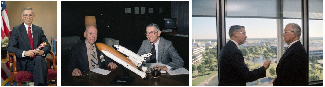 Left: Official portrait of Aaron Cohen, fifth director of NASA’s Johnson Space Center in Houston. Middle: Robert R. Gilruth, the first director (1961-1972) of Johnson, visits with Johnson Director Aaron Cohen in January 1988. Right: Cohen, left, with Texas Governor William P. Clements during Clements’ May 1988 visit to Johnson. Credits: NASA