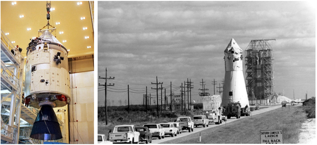 Left: In the Manned Spacecraft Operations Building (MSOB) at NASA’s Kennedy Space Center in Florida, workers prepare to mate the Apollo 1 Command and Service Module with the Spacecraft Lunar Module Adapter. Right: Workers truck the assembled Apollo 1 spacecraft from the MSOB to Launch Complex 34 at Cape Kennedy Air Force Station, now Cape Canaveral Space Force Station. Credits: NASA