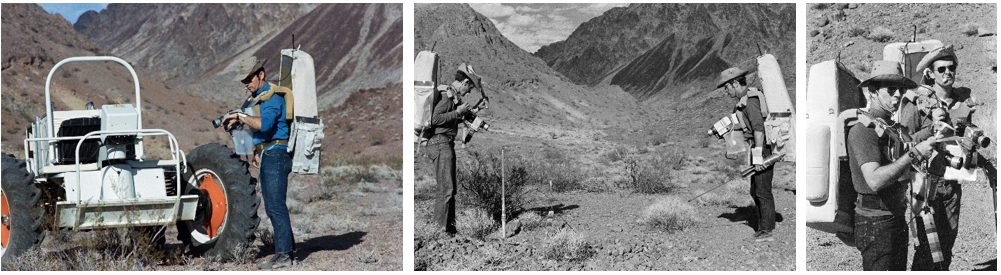 Left: Apollo 16 astronaut John W. Young works near the Explorer, a training version of the Lunar Roving Vehicle, during the February 1972 geology field trip to Boulder City, Nevada. Middle: Duke, left, and Young practice documenting rock samples. Right: Young, left, and Duke during one of the training traverses. Credits: NASA