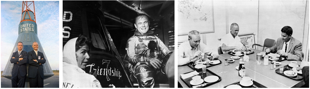 Left: Astronaut John H. Glenn, right, and his backup, M. Scott Carpenter. Middle: A few days before launch, Glenn, right, watches as artist Cecilia “Cece” Bibby paints the name “Friendship 7” on his capsule. Right: Glenn, center, eats the traditional pre-launch astronaut breakfast with flight surgeon Dr. William K. Douglas, left, and G. Merritt Preston, chief of preflight operations. Credits: NASA