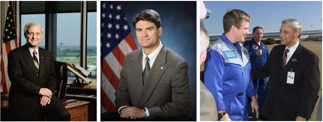 Left: Official portrait of Roy S. Estess, the eighth director of NASA’s Johnson Space Center in Houston. Middle: William W. Parsons, Johnson deputy director from March 2000 to November 2001. Right: Estess, right, welcomes Expedition 1 commander William M. Shepherd to Ellington Field following his return from the space station. Credits: NASA