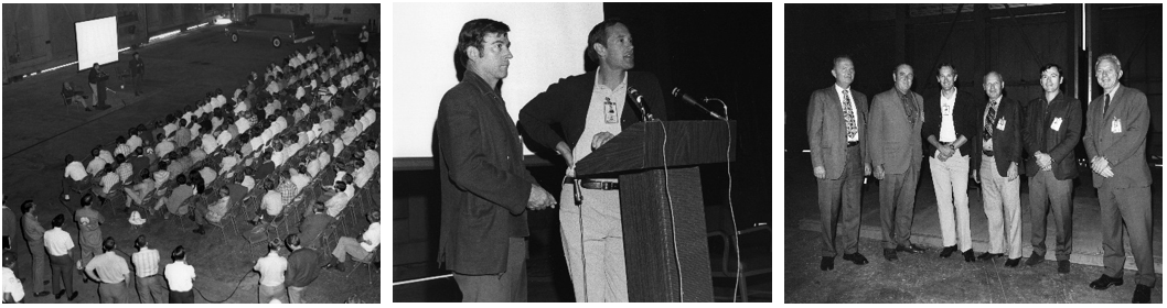 Left: Apollo 16 astronauts John W. Young and Charles M. Duke speak to assembled employees in the Vehicle Assembly Building at NASA’s Kennedy Space Center in Florida. Middle: Young, left, and Duke answer questions from the audience. Right: Duke and Young pose with Kennedy personnel, including Charles L. Buckley, chief of Security at Kennedy, second from left, Lead Test Supervisor Gordon Turner, fourth from left, and Launch Operations Manager Paul C. Donnelly, right. Credits: NASA