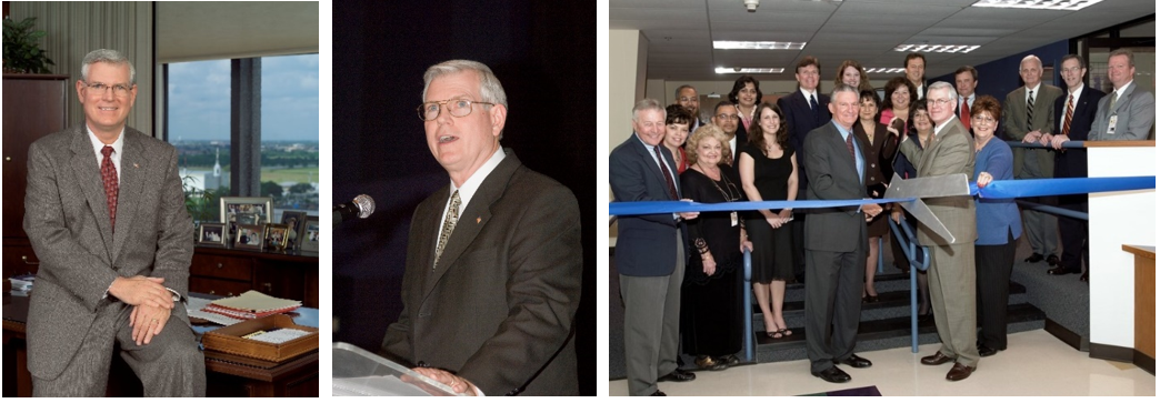 Left: Official portrait of Michael L. Coats, the 10th director of NASA’s Johnson Space Center in Houston. Middle: In November 2005, Coats speaks at Space Center Houston during an event celebrating the fifth anniversary of continuous human occupancy of the International Space Station. Right: Coats, right, with former Johnson Director Jefferson D. Howell at the ribbon cutting for the Starport Fitness Center in January 2006. Credits: NASA
