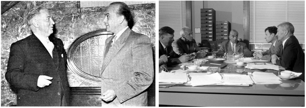 Left: British physicist and Nobel Prize laureate Edward V. Appleton, left, and Belgian geophysicist Marcel Nicolet, during an early planning meeting in Brussels in September 1950. Right: A meeting of the Special Committee for the International Geophysical Year, known by its French acronym, CSAGI, in Brussels in June 1957, included Vladimir V. Beloussov of the Soviet Union, left, Lloyd V. Berkner of the United States, Nicolet, Jean Coulomb of France, and Sydney Chapman of the United Kingdom.