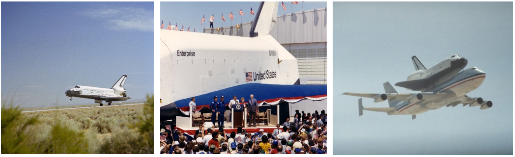 July 4, 1982 — a tale of three orbiters. Left: Space Shuttle Columbia makes a touchdown at Edwards Air Force Base (AFB) in California to end the STS-4 mission. Middle: With Space Shuttle Enterprise as a backdrop, President Ronald W. Reagan, First Lady Nancy Reagan, and NASA Administrator James M. Beggs welcome home STS-4 astronauts Thomas K. “TK” Mattingly and Henry W. Hartsfield. Right: Space Shuttle Challenger departs Edwards AFB atop its Shuttle Carrier Aircraft on its way to NASA’s Kennedy Space Center in Florida. Credits: NASA