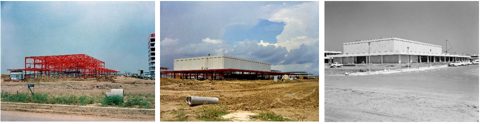 Left: The auditorium and public affairs building during early construction in May 1963. Middle: Construction of the auditorium’s exterior complete in June 1963. Right: Construction nearing completion in March 1964. Credits: NASA