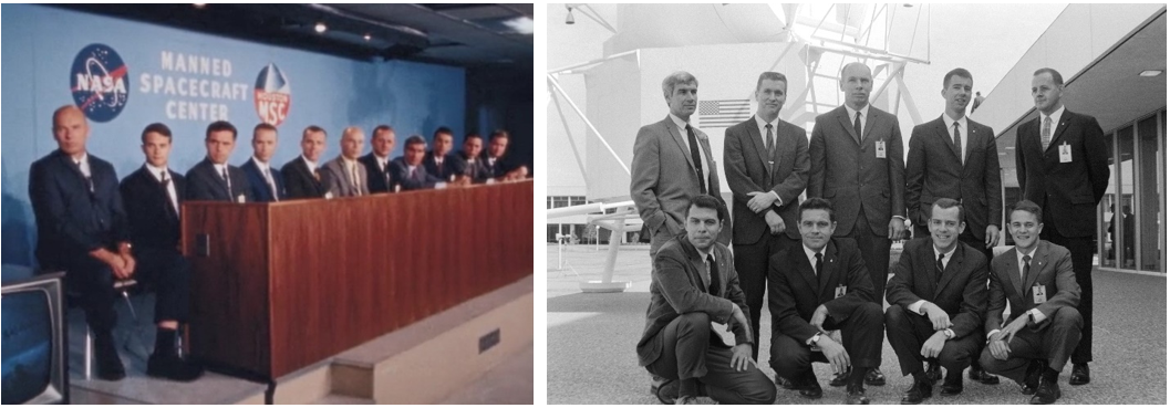 Left: The Group 6 scientist-astronauts meet the press — William E. Thornton, left, Joseph P. Allen, Karl G. Henize, Donald L. Holmquest, Brian T. O’Leary, F. Story Musgrave, Phillip K. Chapman, John A. Llewellyn, William B. Lenoir, Anthony W. England, and Robert A.R. Parker. Right: Nine of the 11 scientist-astronauts pose for a photograph in February 1968 outside the auditorium at the Manned Spacecraft Center shortly before their departure for jet-pilot training. Credits: NASA