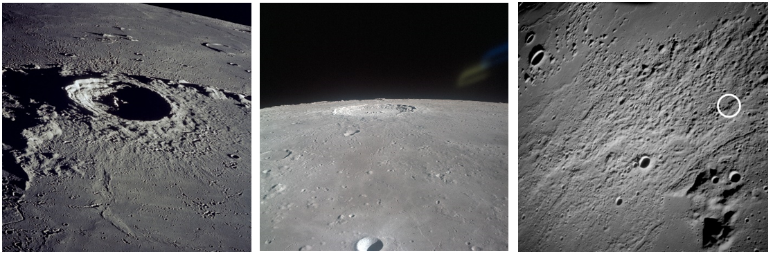 Left: Crater Eratosthenes from Apollo 12. Middle: Oblique view of Crater Copernicus, located north of Apollo 12’s flight path. Right: Image from lunar orbit of the Fra Mauro highlands, the proposed landing site for Apollo 13 (inside white circle).