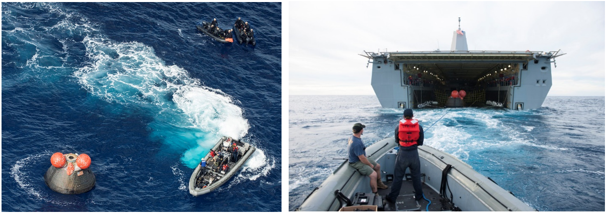 Left: U.S. Navy divers approach the Orion capsule during recovery operations. Image credit: U.S. Navy. Right: Personnel guide Orion into the well deck of USS Anchorage. Image credit: U.S. Navy. 
