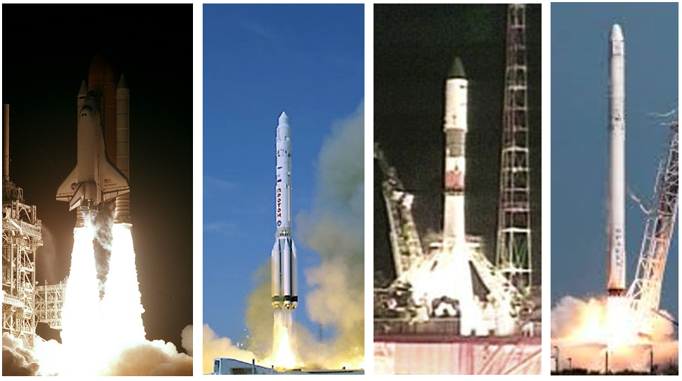 Launch vehicles used to assemble station: (left to right) Space Shuttle, Proton, Soyuz and Falcon 9. Rockets are not to scale.