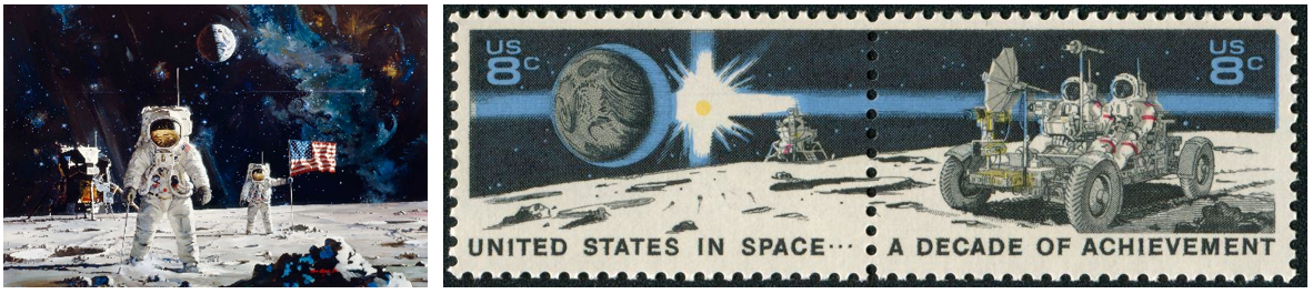 Left: First Men on the Moon. Image credit: mccallstudios.com. Right: McCall’s first stamp depicting the Apollo 15 astronauts on the Moon. They cancelled the stamp while on the lunar surface. Image credit: University of Arizona Museum of Art