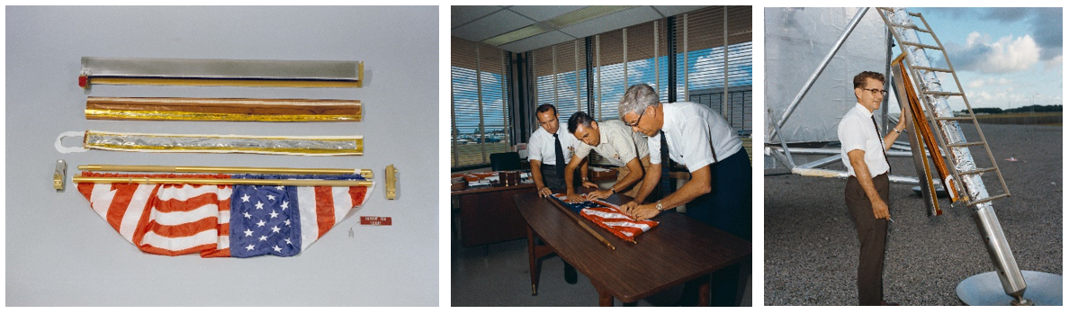 Left: The Lunar Flag Assembly prior to assembly and installation on the LM Eagle. Middle: From left, Thomas Moser, William Drummond and Jack Kinzler fold the flag. Right: David McCraw demonstrates how the LFA was attached to the LM’s landing leg.