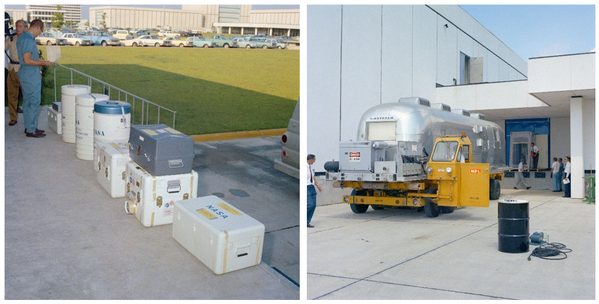 Left: Simulation of the arrival of Moon rocks film, and other samples at the LRL. Right: Simulation of the arrival and “docking” of the MQF at the LRL. Image Credits: NASA