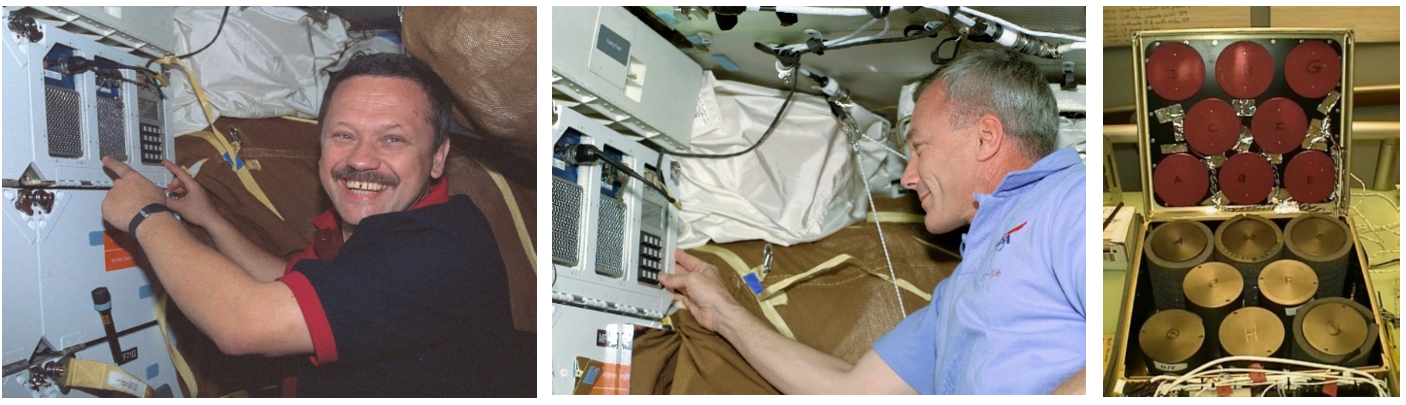 Left: Morukov operating the CGBA in the shuttle middeck. Middle: Wilcutt operates the CGBA. Right: The CGBA Isothermal Control Module. Credits: NASA