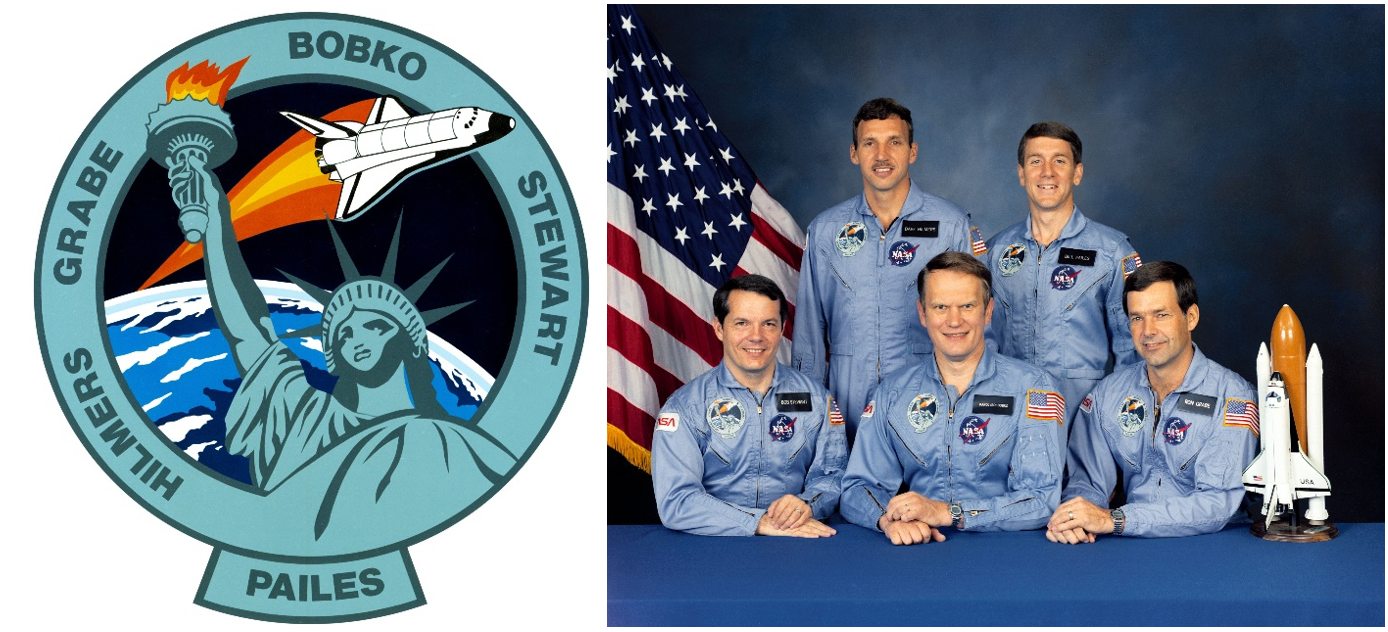 Left: STS-51J crew patch. Right: STS-51J crew photo. From front row left are Robert L. Stewart, Karol J. Bobko, and Ronald J. Grabe; from back row left are David C. Hilmers and William A. Pailes. Credits: NASA
