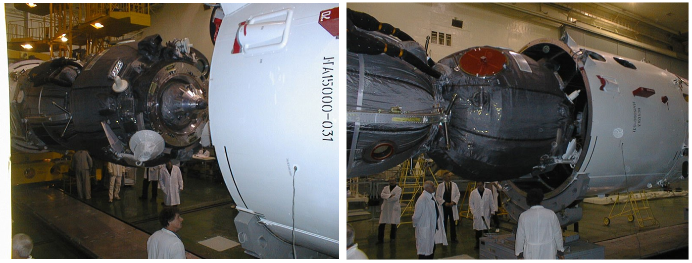 Left: The Expedition 1 prime crew of Sergei K. Krikalev, left, and Yuri P. Gidzenko, both of Roscosmos, and William M. Shepherd of NASA arrive at the Baikonur Cosmodrome in Kakazkhstan, greeted by Russian space officials. Right: The Expedition 1 backup crew of Mikhail V. Tyurin, left, of Roscosmos, Kenneth D. Bowersox of NASA, and Vladimir N. Dezhurov of Roscosmos upon their arrival at Baikonur. Credits:  NASA/Bill Ingalls