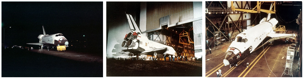 Left: Workers tow space shuttle Columbia from the OPF to the VAB at Kennedy in Florida. Middle: Columbia about to enter the VAB. Right: Columbia in the VAB transfer aisle. Credits: NASA