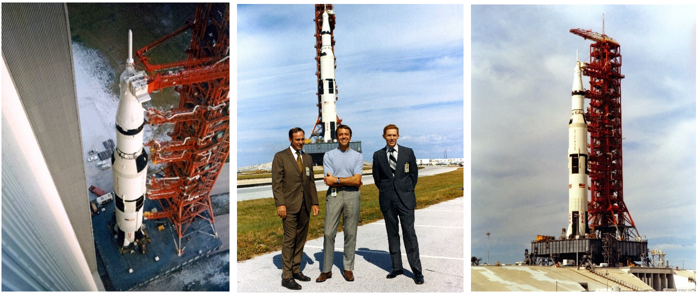 Left: The Saturn V for the Apollo 14 mission exits the VAB as it begins its rollout to Launch Pad 39A.  Middle: From left, Apollo 14 astronauts Edgar D. Mitchell, Alan B. Shepard, and Stuart A. Roosa pose in front of their Saturn V rocket as it rolls out to Launch Pad 39A. Right: The Apollo 14 Saturn V sits on the launch pad. Credits: NASA