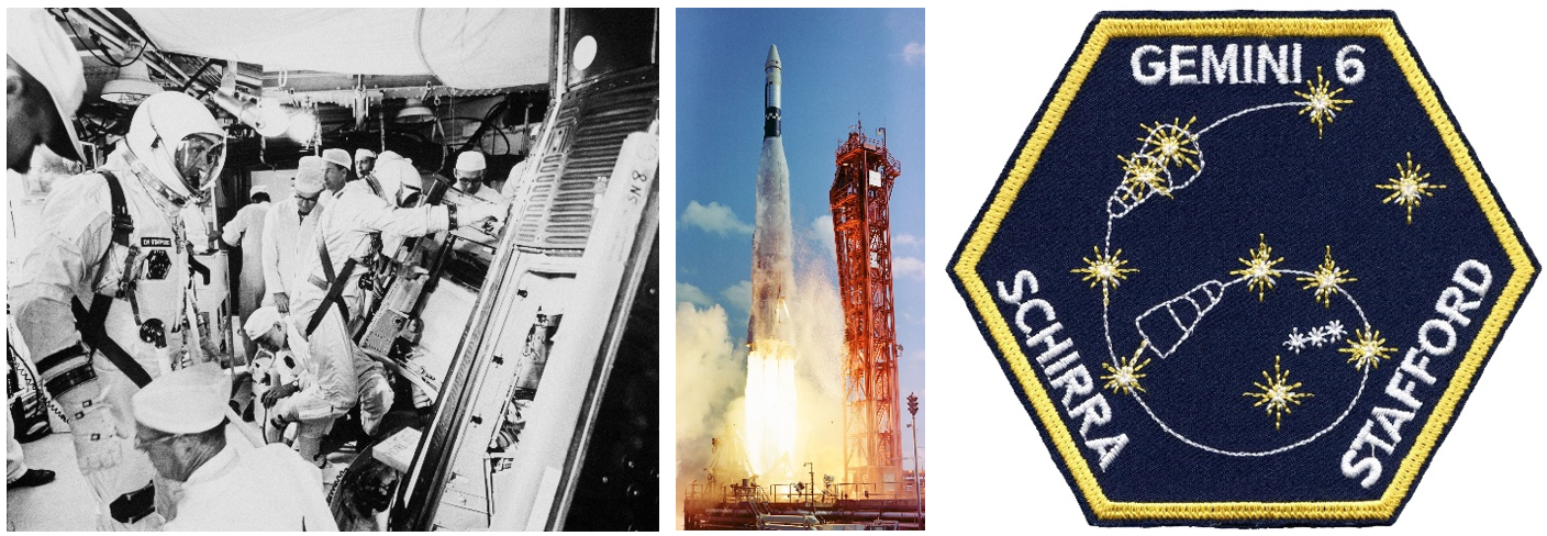 Left: NASA astronauts Stafford, left, and Schirra climb aboard their Gemini VI spacecraft for the Oct. 25, 1965, launch attempt. Middle: The launch of the Gemini VI Agena target vehicle that failed six minutes into the flight. Right: The redesigned Gemini VI patch, representing the change to a rendezvous with another Gemini spacecraft. Credits: NASA