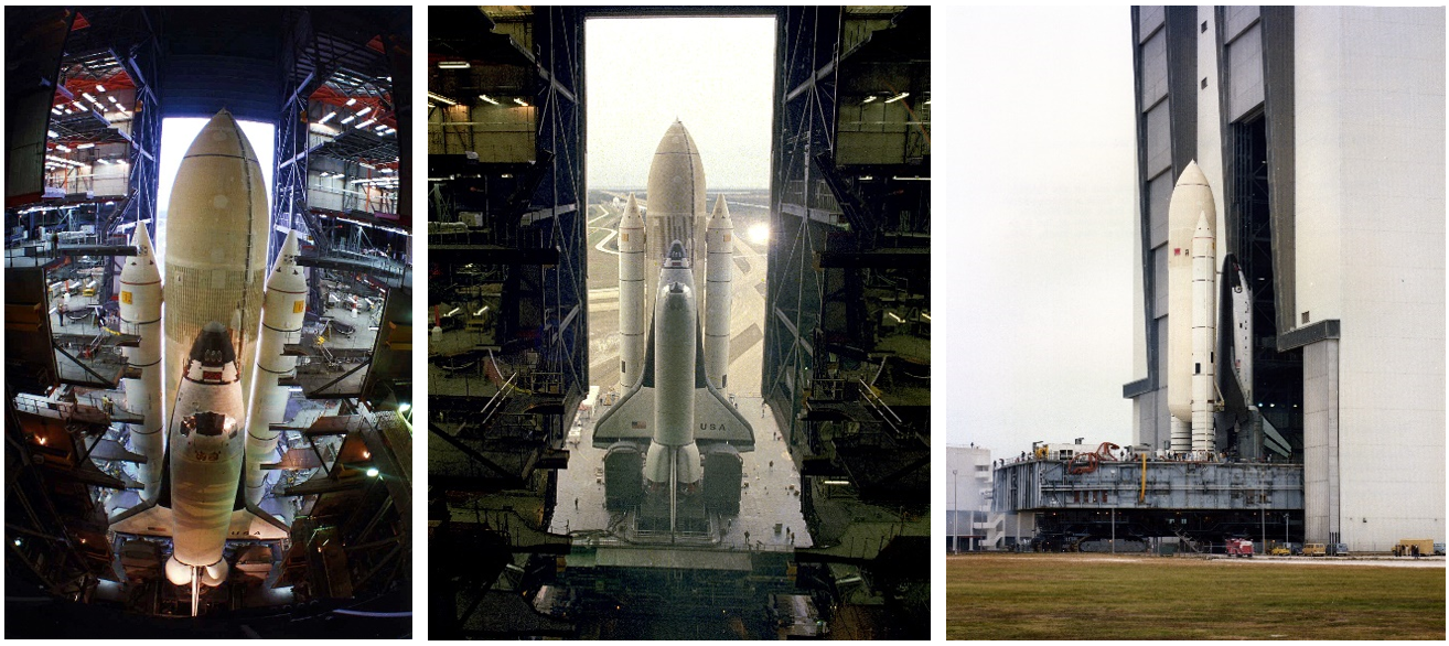 Left: In the VAB at NASA’s Kennedy Space Center, workers retract the work platforms away from the space shuttle Columbia stack prior to rollout. Middle: Columbia begins the rollout from the VAB to Launch Pad 39A. Right: View of Columbia as the stack exits the VAB. Credits: NASA