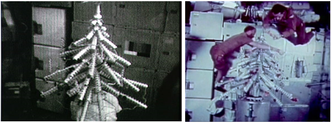 Left: The makeshift Christmas tree aboard Skylab in 1973. Right: Skylab 4 astronauts Gerald P. Carr, left, and Edward G. Gibson trimming their homemade Christmas tree. Credits: NASA