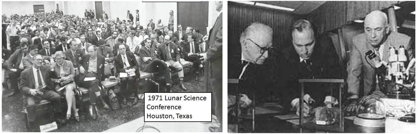 Left: Attendees at the Second Lunar Science Conference in Houston. Right: In the Lunar Receiving Laboratory at the Manned Spacecraft Center (MSC) in Houston, now NASA’s Johnson Space Center, academician Aleksandr P. Vinogradov, left, of the Soviet Academy of Science, examines a Moon rock returned by Apollo 12 with NASA scientist Michael B. Duke of MSC’s Lunar and Earth Sciences Division and MSC Director Robert R. Gilruth. Credits: NASA