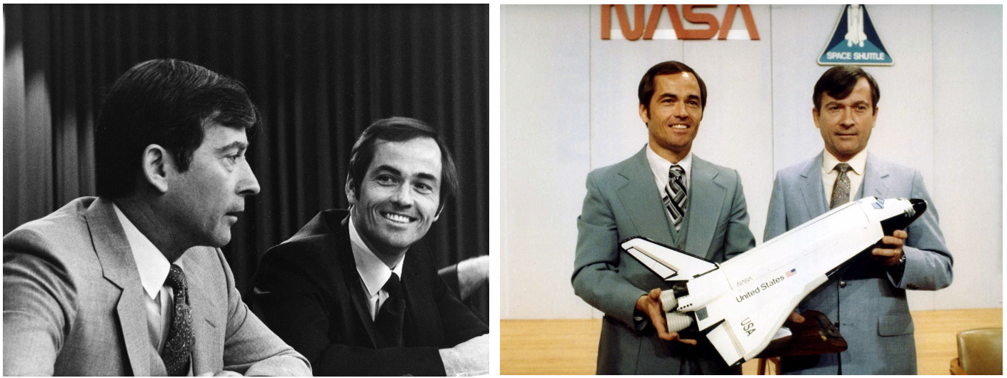 Left: The prime crew for STS-1: John W. Young, left, and Robert L. Crippen, in a lighthearted moment during a preflight press conference at NASA’s Johnson Space Center in Houston. Right:  Crippen, left, and Young pose for photographers with a model of Space Shuttle Columbia following the press conference. Credits: NASA