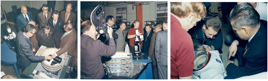 Left: Aldrin, left, with Nikolayev and Sevastyanov outside the Smithsonian Institution’s Aviation and Space Museum in Washington, D.C. Right: Sevastyanov, left, Aldrin, and Nikolayev at the Washington Monument. Credits: NASA