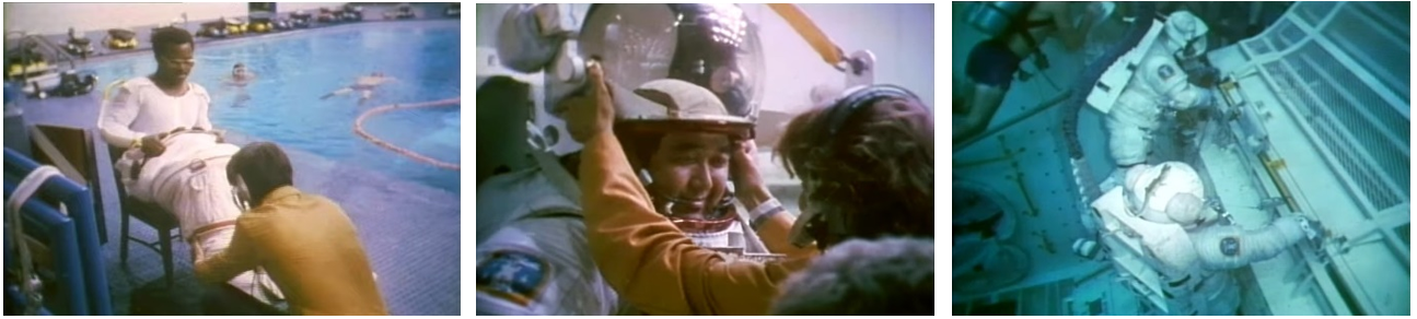 Left: A technician helps STS-51L astronaut McNair don his spacesuit in preparation for spacewalk training in the Weightless Environment Training Facility (WETF) at NASA’s Johnson Space Center in Houston. Middle: A technician helps Onizuka with his helmet to prepare for spacewalk training in the WETF. Right: McNair (top) and Onizuka during the spacewalk training run in the WETF. Credits: NASA