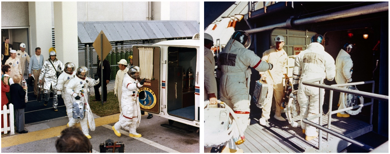 Left: Apollo 14 astronauts Mitchell, left, Roosa, and Shepard as they are about to board the Astrovan for the ride out to Launch Pad 39A. Right: At Launch Pad 39A, Apollo 14 astronauts Shepard, left, Mitchell, and Roosa enter the White Room to board their Command Module Kitty Hawk. Credits: NASA