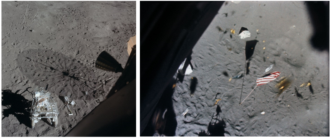 Left: A view for the Lunar Module Antares’ right-hand window following the second moonwalk, showing the Modular Equipment Transporter and the shadow of the S-band antenna. Right: A still image from a 16 mm film moments after Antares lifted off from the lunar surface. Credits: NASA
