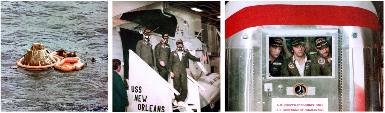 Left: View from a recovery helicopter of the CM Kitty Hawk and Apollo 14 astronauts Edgar D. Mitchell, left, Stuart A. Roosa, and Alan B. Shepard in the life raft. Middle: In the hangar deck of the U.S.S. New Orleans, Roosa, left, Mitchell, and Shepard descend from the recovery helicopter to make their way to the MQF. Right: Roosa, left, Shepard, and Mitchell inside the MQF during the welcome home ceremony aboard the New Orleans. Credits: NASA