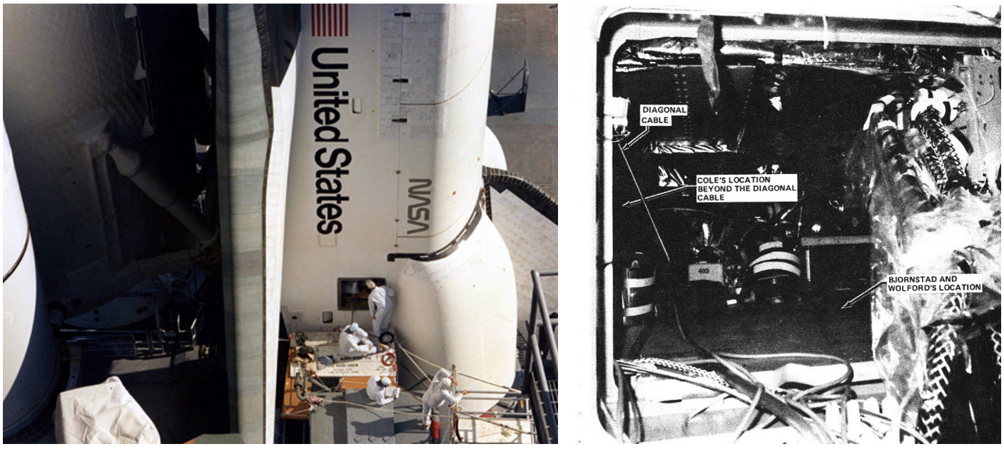 Left: Photograph showing the access to the aft compartment of Space Shuttle Columbia, where the accident occurred on March 19, 1981. Right: View inside Columbia’s aft compartment, the site of the tragic accident. Credits: NASA