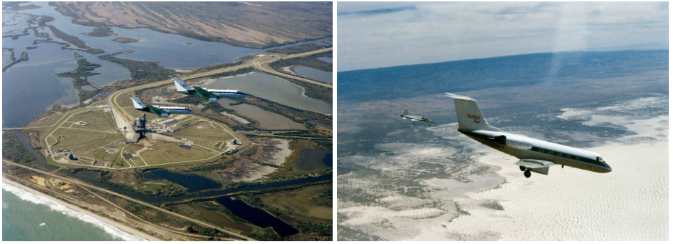 Left: STS-2 backup astronauts Joe H. Engle and Richard H. Truly pilot two Gulfstream Shuttle Training Aircraft (STA) in formation above Columbia on Launch Pad 39A at NASA’s Kennedy Space Center in Florida. Right: STS-1 astronauts John W. Young and Robert L. Crippen pilot the STA, practicing landing at Northrup Strip, now the White Sands Space Harbor, in New Mexico. Note the steep angle of attack and the landing gear lowered to increase drag to better simulate the shuttle’s flying characteristics. Credits: NASA