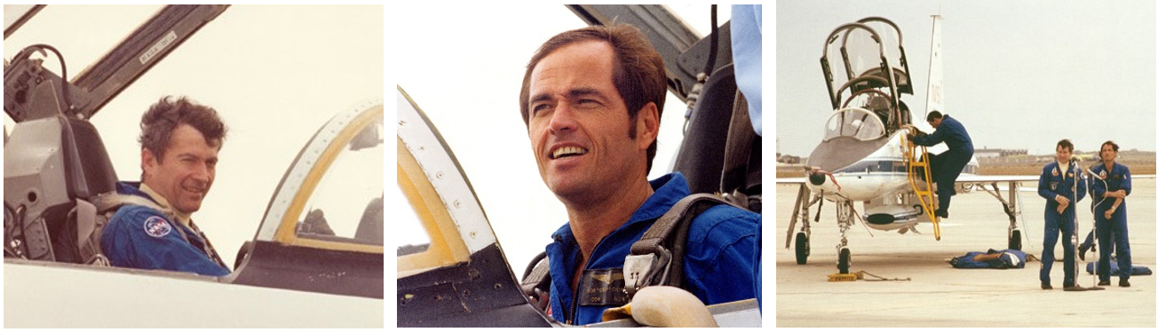 Left: STS-1 Commander John W. Young arrives at Patrick Air Force Base (AFB), Melbourne, Florida, in a T-38 Talon for the STS-1 launch. Middle: STS-1 Pilot Robert L. Crippen arrives at Patrick AFB in a separate T-38 for the STS-1 launch. Right: Young, left, and Crippen speak to reporters after arriving at Patrick AFB, as George W.S. Abbey, director of Flight Crew Operations at Johnson, climbs down the ladder. Credits: Ed Hengeveld