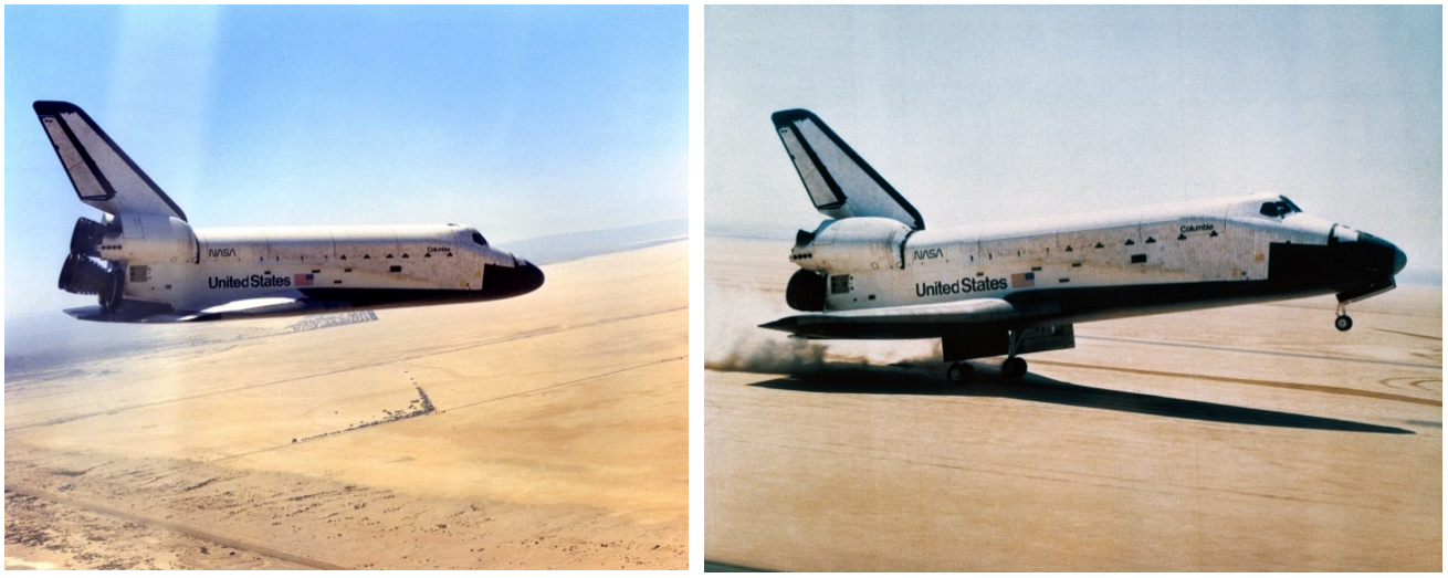 Left: View of Columbia on its final approach to Runway 23 at NASA’s Dryden Flight Research Center, taken from a chase plane, with the thousands of spectators visible in the distance just below Columbia. Right: Touchdown! Columbia touches down on Runway 23, ending the highly successful STS-1 mission. Credits: NASA