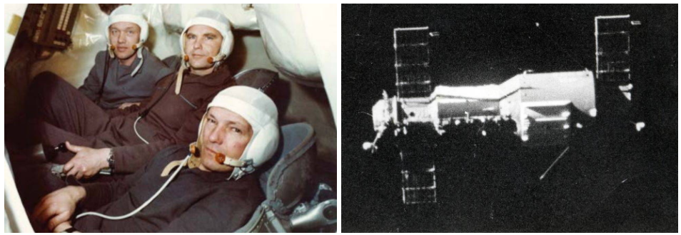 Left: The Soyuz 10 crew of Aleksei S. Yeliseyev, left, Vladimir A. Shatalov, and Nikolai N. Rukavishnikov in the spacecraft simulator. Right: View of Salyut from the departing Soyuz 10 crew. Credit: Images courtesy of RKK Energia.