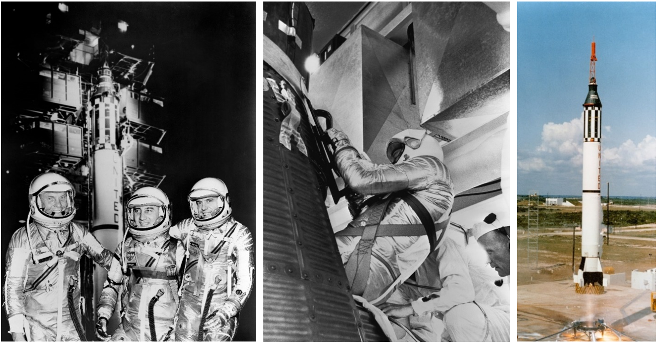 Left: John H. Glenn, left, Virgil I. “Gus” Grissom, and Alan B. Shepard, the astronauts selected for the first suborbital mission. Right: Shepard climbs aboard Freedom 7 on launch day. Right: Liftoff of the Redstone rocket carrying Alan B. Shepard, the first American in space, aboard Freedom 7. Credits: NASA