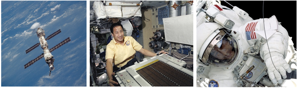 Left: The International Space Station as it appeared in September 2000. Middle: NASA astronauts Edward T. Lu installing the treadmill in the Zvezda module during the STS-106 space shuttle mission. Right: Lu during the STS-106 spacewalk. Credits: NASA