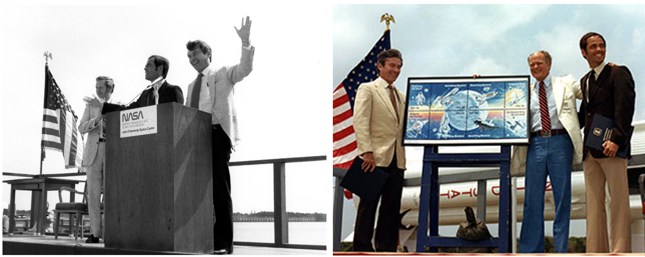 Left: Director of NASA’s Kennedy Space Center Richard G. “Dick” Smith, left, welcomes STS-1 astronauts Robert L. Crippen and John W. Young to Kennedy. Right: During the Kennedy ceremony, Young, left, and Crippen, right, help unveil space artist Robert T. “Bob” McCall’s design of space achievement stamps, released by the U.S. Postal Service on May 21, 1981. Credits: NASA