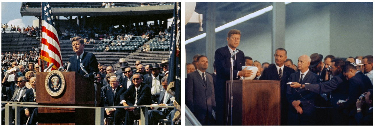 Left: President John F. Kennedy addresses a crowd at Rice University’s stadium in Houston, reaffirming his support for America’s space program, including landing a man on the Moon. Right: President Kennedy addresses employees while touring the Site 3 facility at NASA’s Manned Spacecraft Center in Houston. Credits: NASA