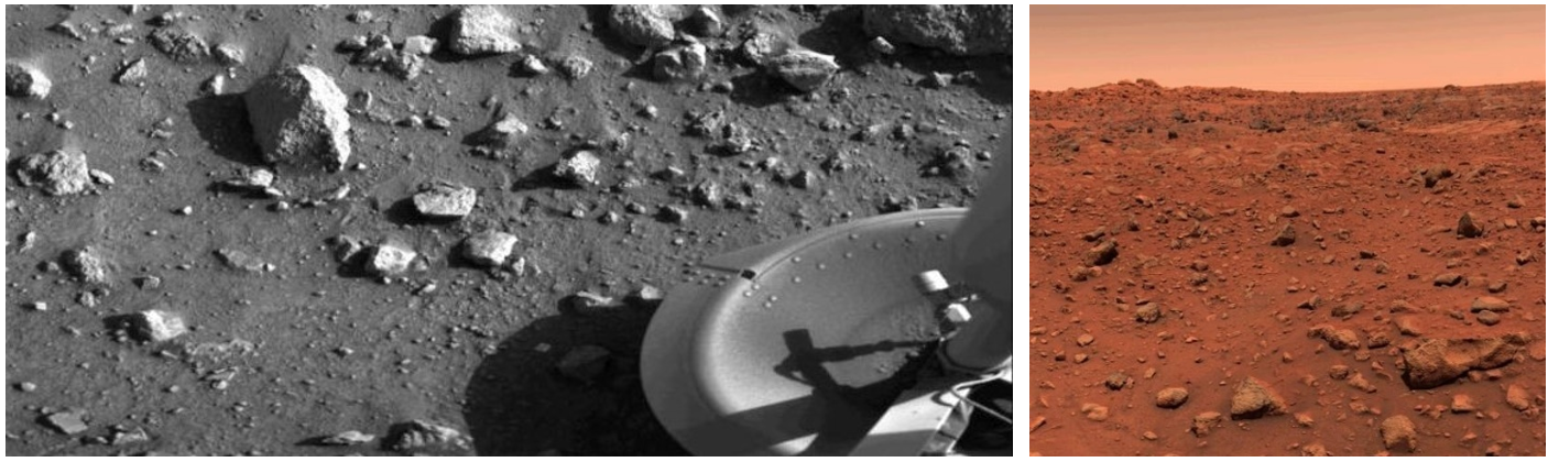 Left: The first photograph ever returned from the surface of Mars, by the Viking 1 lander, including one of its footpads. Right: The first color photograph returned by the Viking 1 lander. Credits: NASA