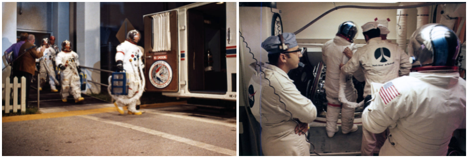 Left: Apollo 15 astronauts Alfred M. Worden, left, James B. Irwin, and David R. Scott about to board the Astrovan for the ride out to Launch Pad 39A. Right: In the White Room at Launch Pad 39A, Apollo 15 astronaut Scott, left, is about to board the Command Module Endeavour as Irwin awaits his turn.